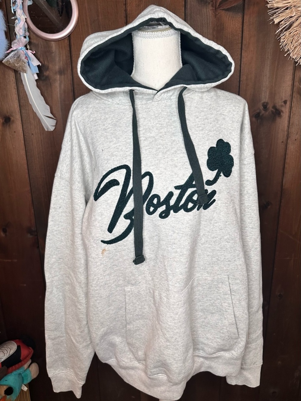 Bay State Gear Boston Script Shamrock Hoodie - Light Gray and Dark Green